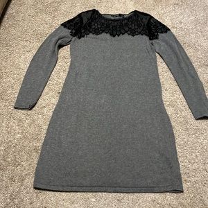 Gray long sleeve sweater dress with lace neckline